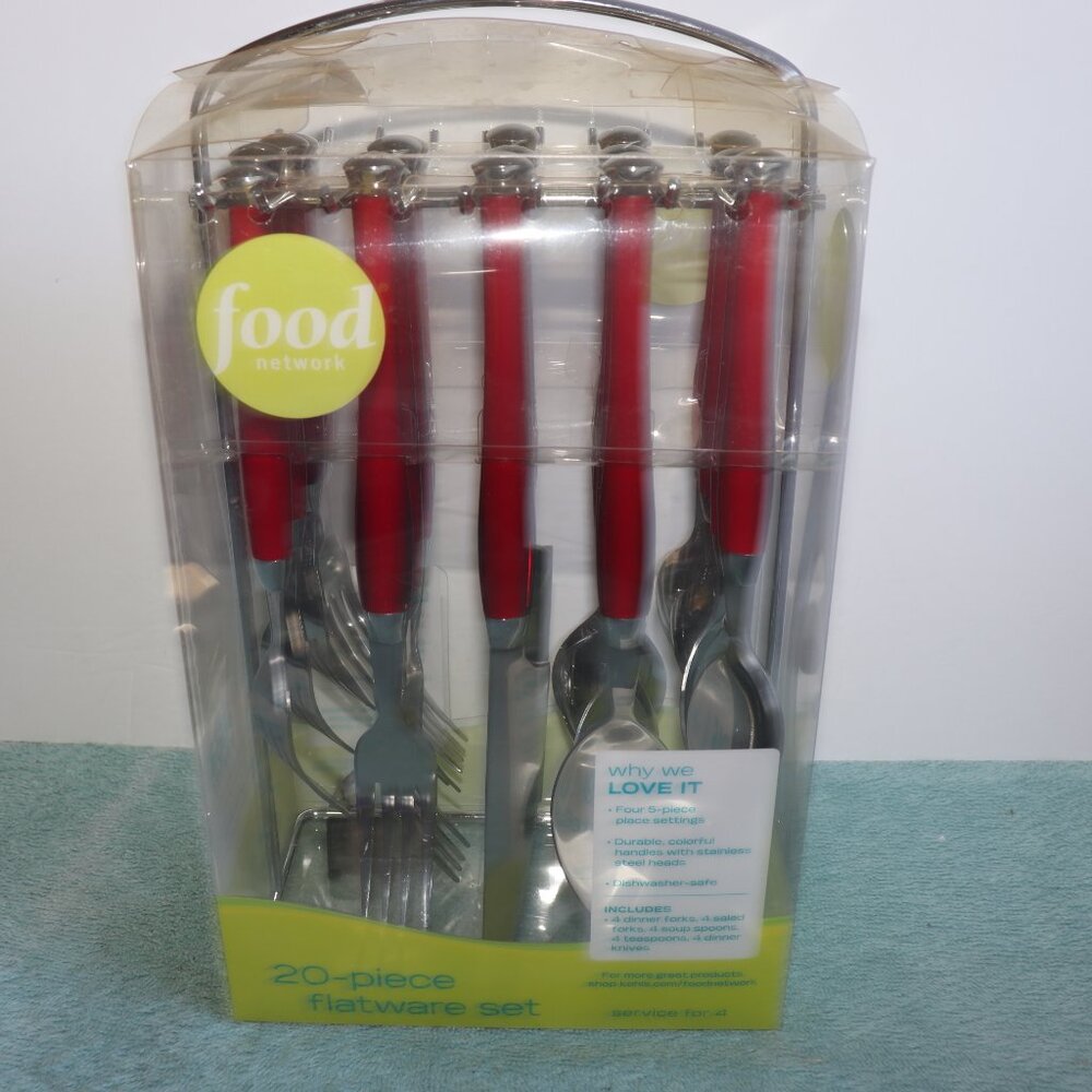 FOOD NETWORK Service for 4 Flatware 20 Piece Set W/Hanging Storage Rack Red New